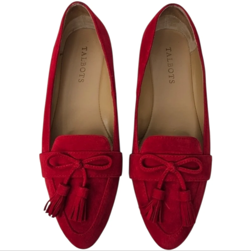 Talbots Francesca Red Suede Driving Flats Bow Tassel Pointed Toe 6.5
